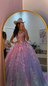 Classy Ball Gown Sweetheart Lilac Tulle Appliques Prom Dresses Party Dress Long Evening Dresses AB2151