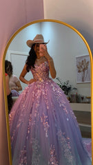 Classy Ball Gown Sweetheart Lilac Tulle Appliques Prom Dresses Party Dress Long Evening Dresses AB2151