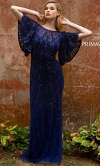 Long Beaded Evening Gown with Short Sleeves 3681