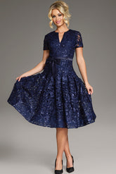 Jovani 39427 A Line Short Mother of the Bride Lace Tea Length Dress