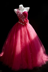 Pretty Prom Dresses Ball Gown One Shoulder Hot Pink Tulle With Beads Long Formal Dress N2955