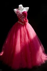 Pretty Prom Dresses Ball Gown One Shoulder Hot Pink Tulle With Beads Long Formal Dress N2955