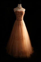 Modest Prom Dresses Ball Gown Strapless Champagne Tulle With Beads Long Quince Dress N2974