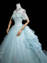 Modest Prom Dresses Ball Gown Off The Shoulder Light Blue Tulle With Sleeves Long Quince Dress N3050
