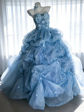 Modest Prom Dresses Ball Gown Strapless Blue Tulle With Flowers Long Quince Dress N3048