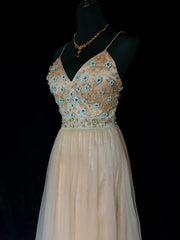 Vintage Prom Dresses 80s A line Spaghetti Strap Champagne Tulle Long Semi Formal Evening Outfits N3649