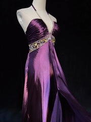 Vintage Prom Dresses 90s Mermaid Halter Grape Backless With Beading Long Semi Formal Evening Dress N3667