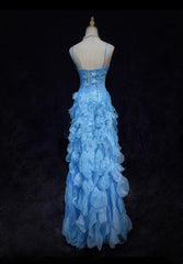 Elegant Sheath Spaghetti Strap Blue Chiffon With Beaded Bodice Formal Dress Long Prom Dresses N2727
