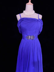 Modest Prom Dresses A line Spaghetti Strap Royal Blue Chiffon Sleeveless Formal Evening Dress N3844