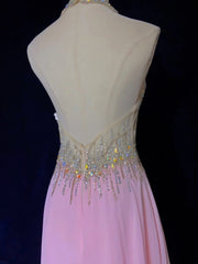 Vintage Prom Dresses Inspo A line Halter Pink Chiffon Beading With Backless For Women Formal Dress N3256