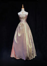 Vintage Prom Dresses Ball Gown Strapless Blush Pink Satin 80s With Beading Long Formal Evening Outfits N3870