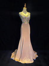 Beautiful Prom Dresses Mermaid V Neck Blush Pink With Flowers Beading Long Evening Outfits N3315