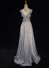 Modest Prom Dresses A line Spaghetti Strap Grey Satin Long Formal Evening Outfits N3617