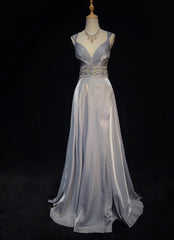 Modest Prom Dresses A line Spaghetti Strap Grey Satin Long Formal Evening Outfits N3617