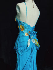 Modest Prom Dresses Mermaid Spaghetti Strap Blue Chiffon Sleeveless With Leaf Formal Evening Dress N3841