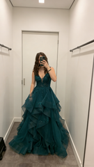Classy Ball Gown V Neck Dark Green Tulle Appliques Prom Dresses Party Dress Long Evening Dresses AB2153