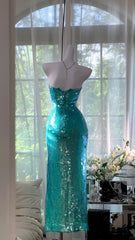 Charming Prom Dresses Mermaid Strapless Blue Sequin Ankle Length Evening Outfits N3564