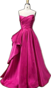 A-line Fuchsia Satin Strapless Pleats Prom Dresses Birthday Outfits AB2346