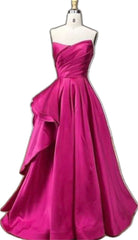 A-line Fuchsia Satin Strapless Pleats Prom Dresses Birthday Outfits AB2346