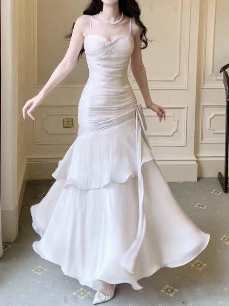Vintage Spaghetti Straps Blue Chiffon Satin Ruffles Long Prom Dresses Fairytale Evening Dresses N1798