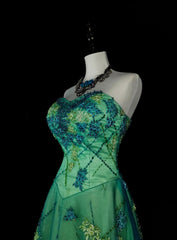Vintage A Line Sweetheart Green Tulle With Beads Gem Crystals Formal Dress Long Prom Dresses N2699