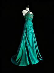 Vintage Mermaid Sweetheart Dark Green 70s With Pleated Beads Long Prom Gown Party Wear Dresses N1839