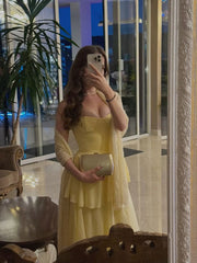 Modest Senior Prom Dresses High Schools Inspiration A line Strapless Yellow Chiffon With Scarf Semi Formal Grad Long Prom Dress For Teens AB2120