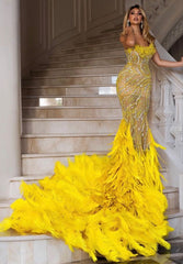 Glitter Mermaid Strapless Yellow Sequins Inspo Formal Party Gowns Long Prom Dresses AB1729