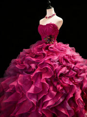 Modest Prom Dresses Ball Gown Strapless Hot Pink Organza With Layers Long Quince Dress N3054