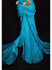 Modest Prom Dresses Mermaid Spaghetti Strap Blue Chiffon Sleeveless With Leaf Formal Evening Dress N3841