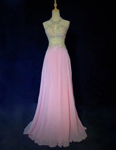 Vintage Prom Dresses Inspo A line Halter Pink Chiffon Beading With Backless For Women Formal Dress N3256
