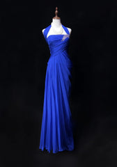 Vintage Prom Dresses 90s Sheath Halter Royal Blue Chiffon Long With Beading Evening Outfits N3137
