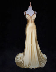 Vintage Prom Dresses Inspo Mermaid Sweetheart With Straps Gold Satin 90s With Beading Formal Gowns N3342