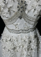 Modest Prom Dresses A line V Neck White Tulle Lace Sleeveless Long Formal Evening Outfits N3618