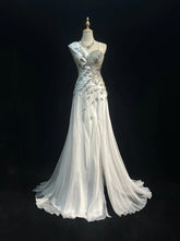 Vintage 90s Prom Dresses Mermaid White Chiffon With Ruffled Silver Beads Long Prom Gown With Cape N3035