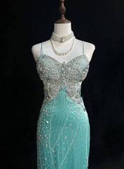 Classy Prom Dresses Mermaid Spaghetti Strap Backless Tiffany Blue Chiffon With Beaded Long Formal Evening Outfits N3708