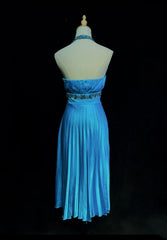 Vintage Prom Dresses Inspo A line Halter Tea Length Blue Satin 80s With Beaded Formal Gowns N3354
