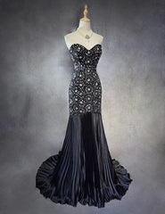 Vintage Prom Dresses 90s Mermaid Sweetheart Satin Black Tie With Silver Beading Ruffled Long Semi Formal Evening Dress N3671