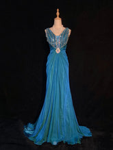 Modest Prom Dresses Mermaid V Neck Blue Chiffon Corset Back Floor Length Formal Evening Outfits N3483
