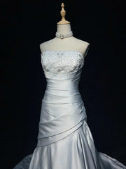 Modest Prom Dresses Mermaid One Shoulder Light Sky Blue Satin With Lace Long Formal Dance Dress N3000