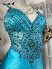 Classy Prom Dresses Mermaid Halter Blue With Beading Satin Long Formal Evening Outfits N3761
