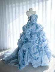 Modest Prom Dresses Ball Gown Strapless Blue Tulle With Flowers Long Quince Dress N3048