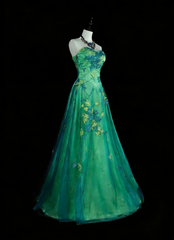 Vintage A Line Sweetheart Green Tulle With Beads Gem Crystals Formal Dress Long Prom Dresses N2699