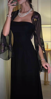 Women's Cocktail Party Gowns 90s Sheath Black Chiffon With Cape Long Graduation Dinner Outfits Prom Dresses AB1871