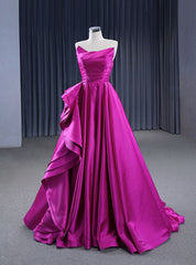 A-line Fuchsia Satin Strapless Pleats Prom Dresses Birthday Outfits AB2346