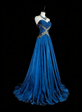 Vintage A Line Sweethart Blue Chiffon Long Prom Gown Party Wear Fashion Dresses N1824