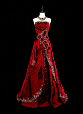 Vintage 1760s A Line Strapless Wine Red With Back Bow-knot Sleeveless Pleated Long Prom Dresses N1591