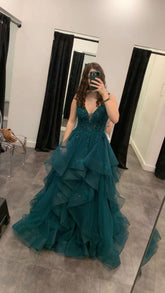 Classy Ball Gown V Neck Dark Green Tulle Appliques Prom Dresses Party Dress Long Evening Dresses AB2153