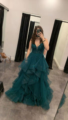 Classy Ball Gown V Neck Dark Green Tulle Appliques Prom Dresses Party Dress Long Evening Dresses AB2153