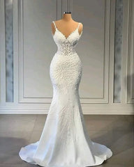 Sexy Mermaid Spaghetti Straps White Inspo Formal Party Gowns Long Prom Dresses AB1749